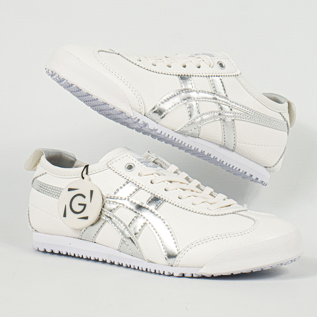 Sepatu Onitsuka Tiger Mexico 66 Slip On Leather White Metallic Silver Unisex Sneakers Casual Authentic